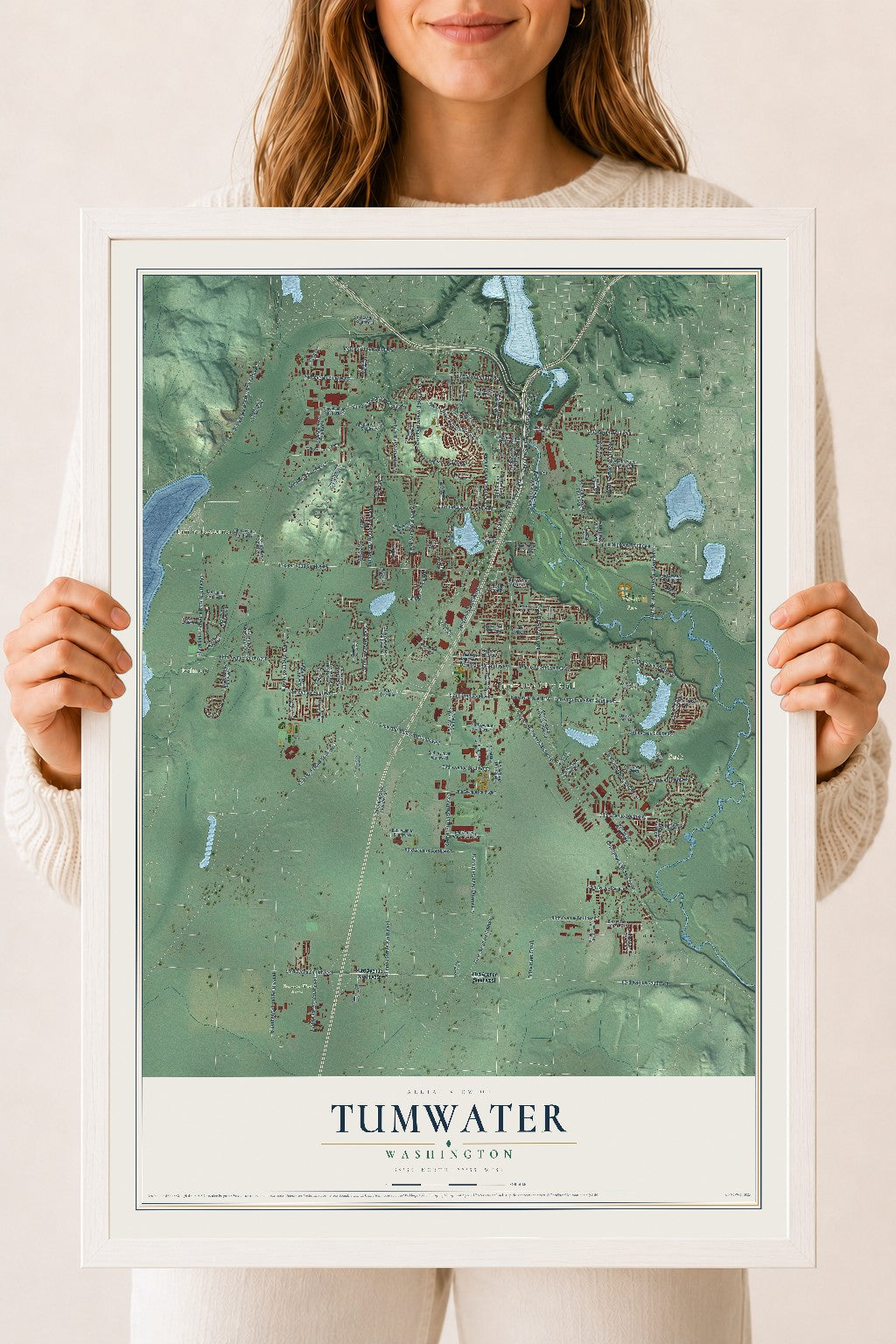 Map of Tumwater, Washington, 18 x 24 inch print in a white wood frame