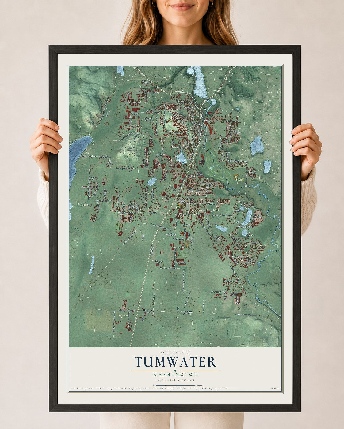 Map of Tumwater, Washington, 24 x 36 inch print in a black wood frame