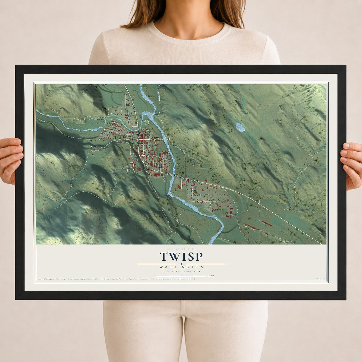 Map of Twisp, Washington, 18 x 24 inch print in a black wood frame