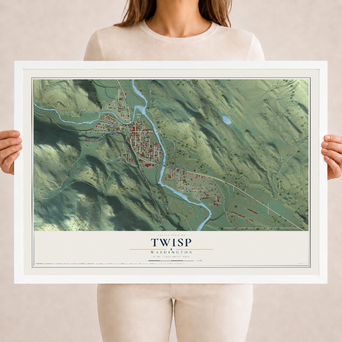 Map of Twisp, Washington, 18 x 24 inch print in a white wood frame