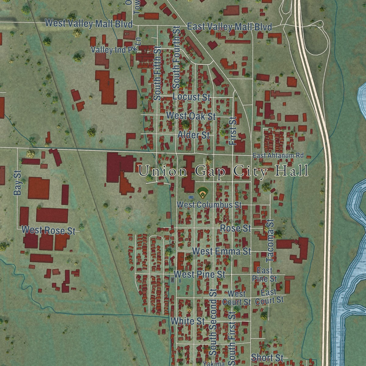 Close-up of the map of Union Gap, Washington print showing street and building detail