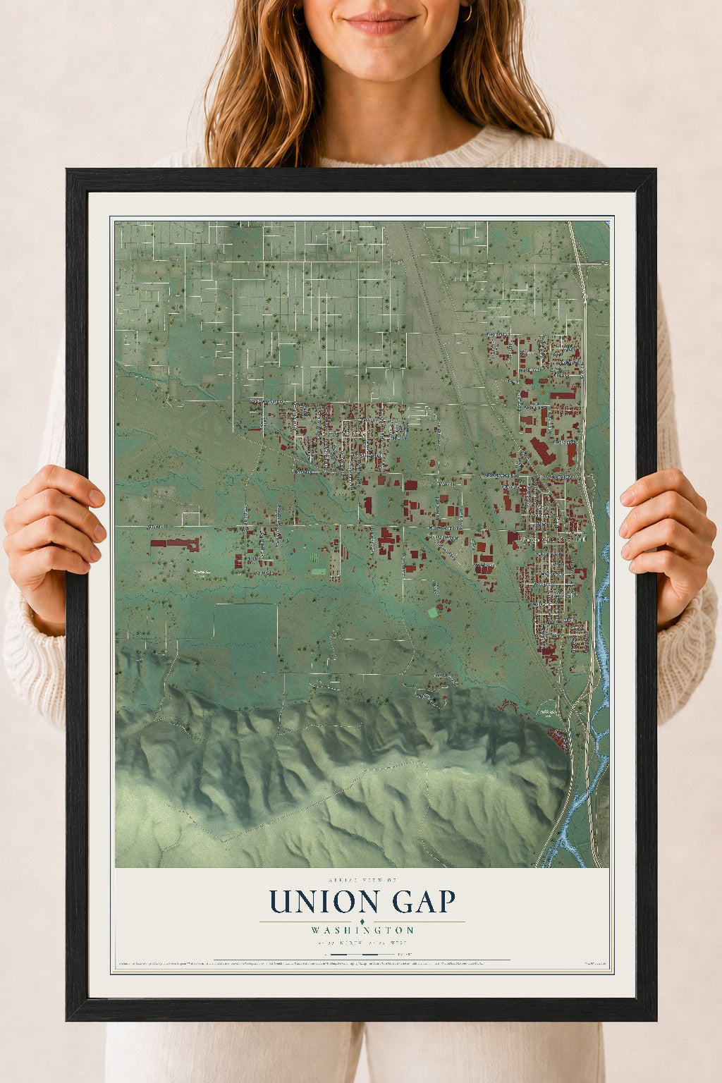 Map of Union Gap, Washington, 18 x 24 inch print in a black wood frame