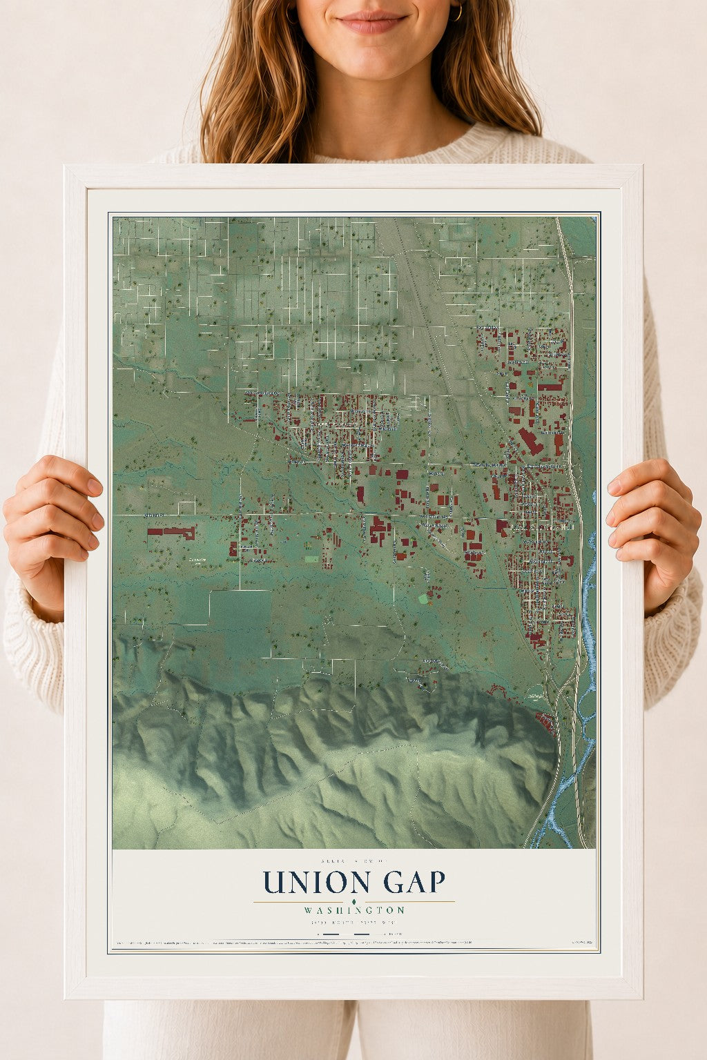 Map of Union Gap, Washington, 18 x 24 inch print in a white wood frame