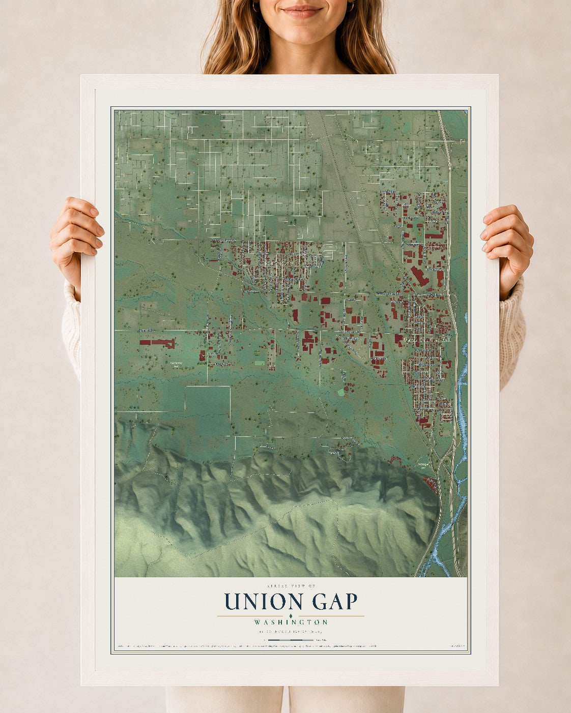 Map of Union Gap, Washington, 24 x 36 inch print in a white wood frame