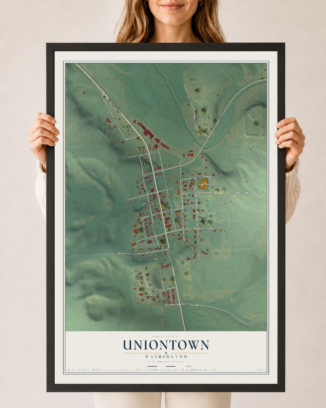 Map of Uniontown, Washington, 24 x 36 inch print in a black wood frame