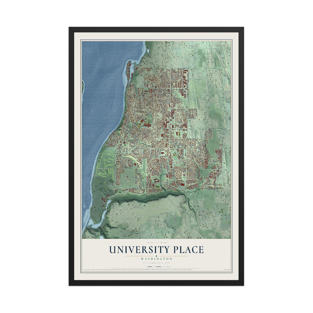 Map of University Place, Washington, 12 x 18 inch print in a black wood frame