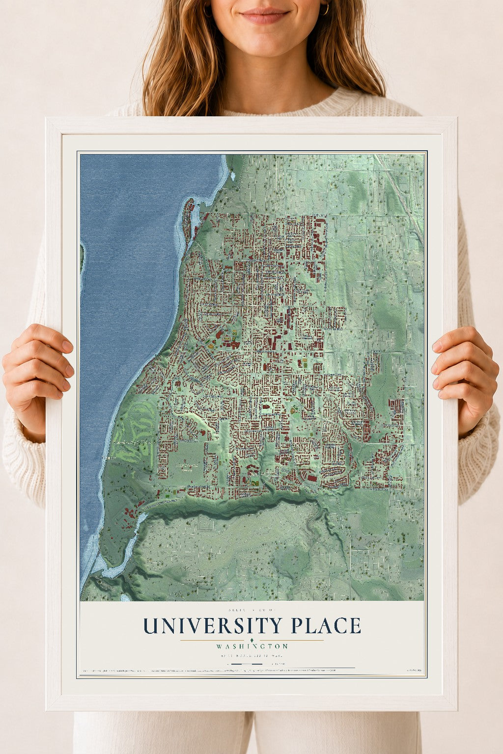 Map of University Place, Washington, 18 x 24 inch print in a white wood frame