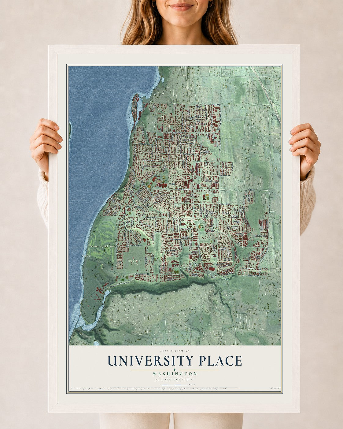 Map of University Place, Washington, 24 x 36 inch print in a white wood frame