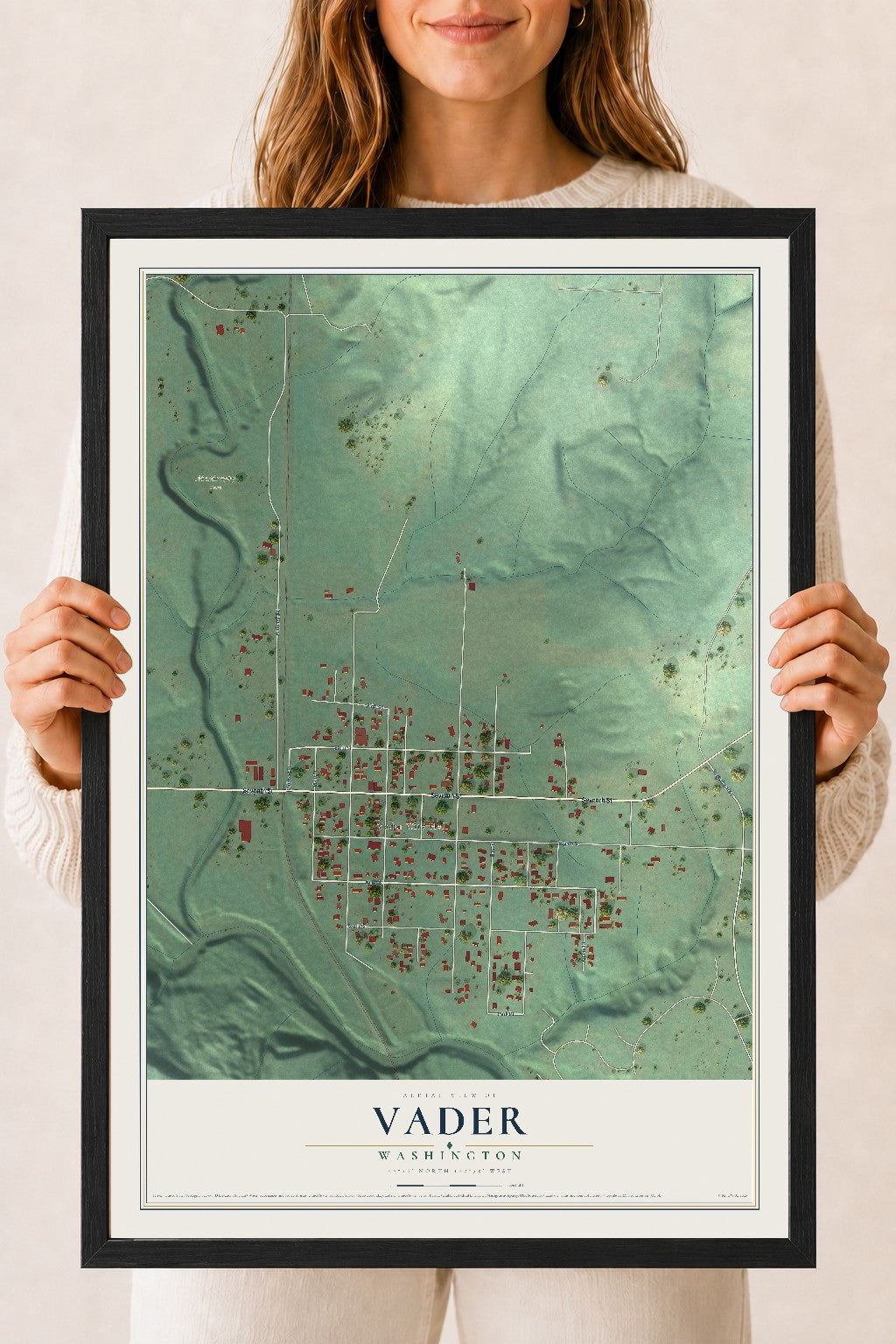 Map of Vader, Washington, 18 x 24 inch print in a black wood frame