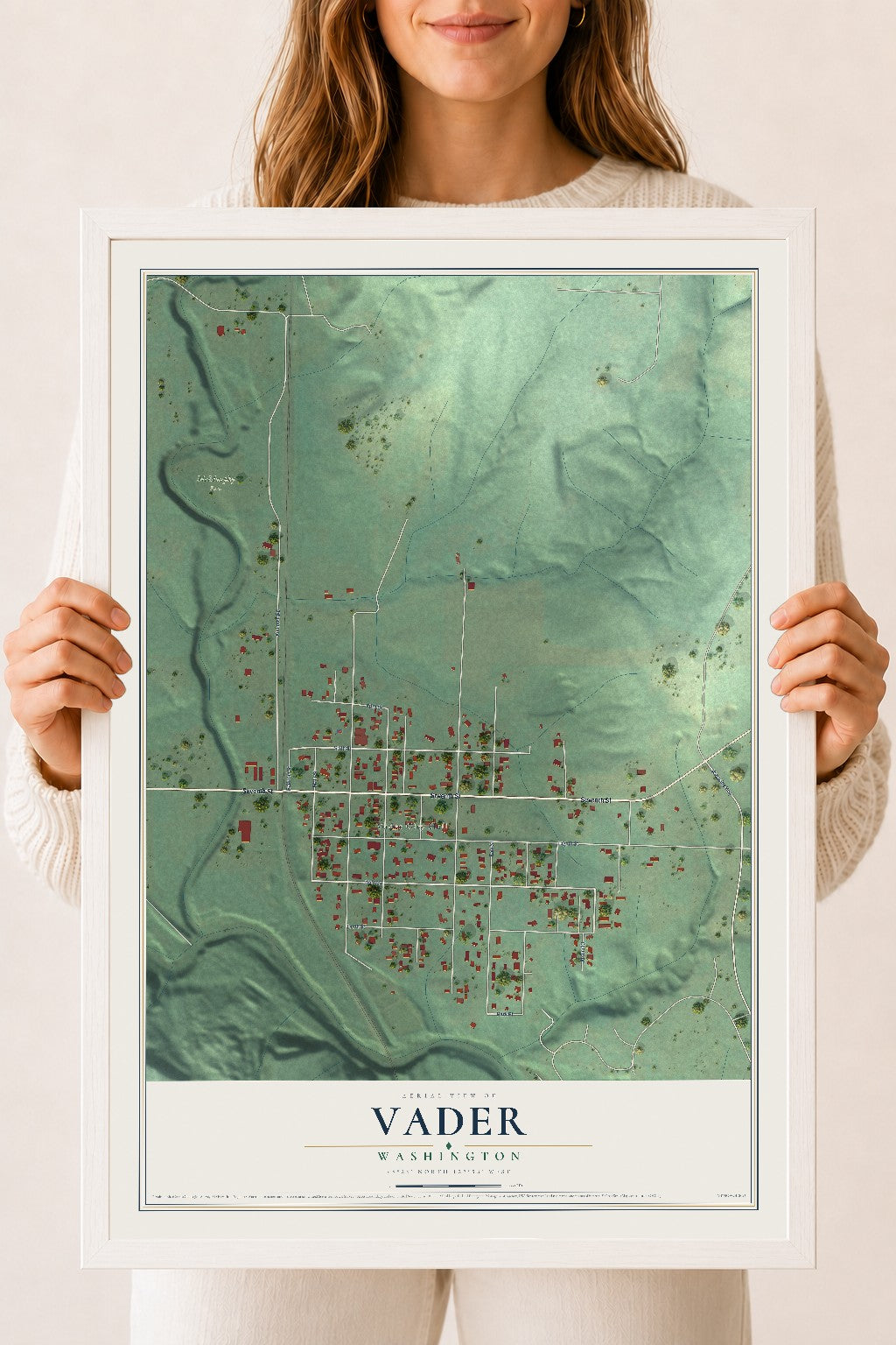 Map of Vader, Washington, 18 x 24 inch print in a white wood frame
