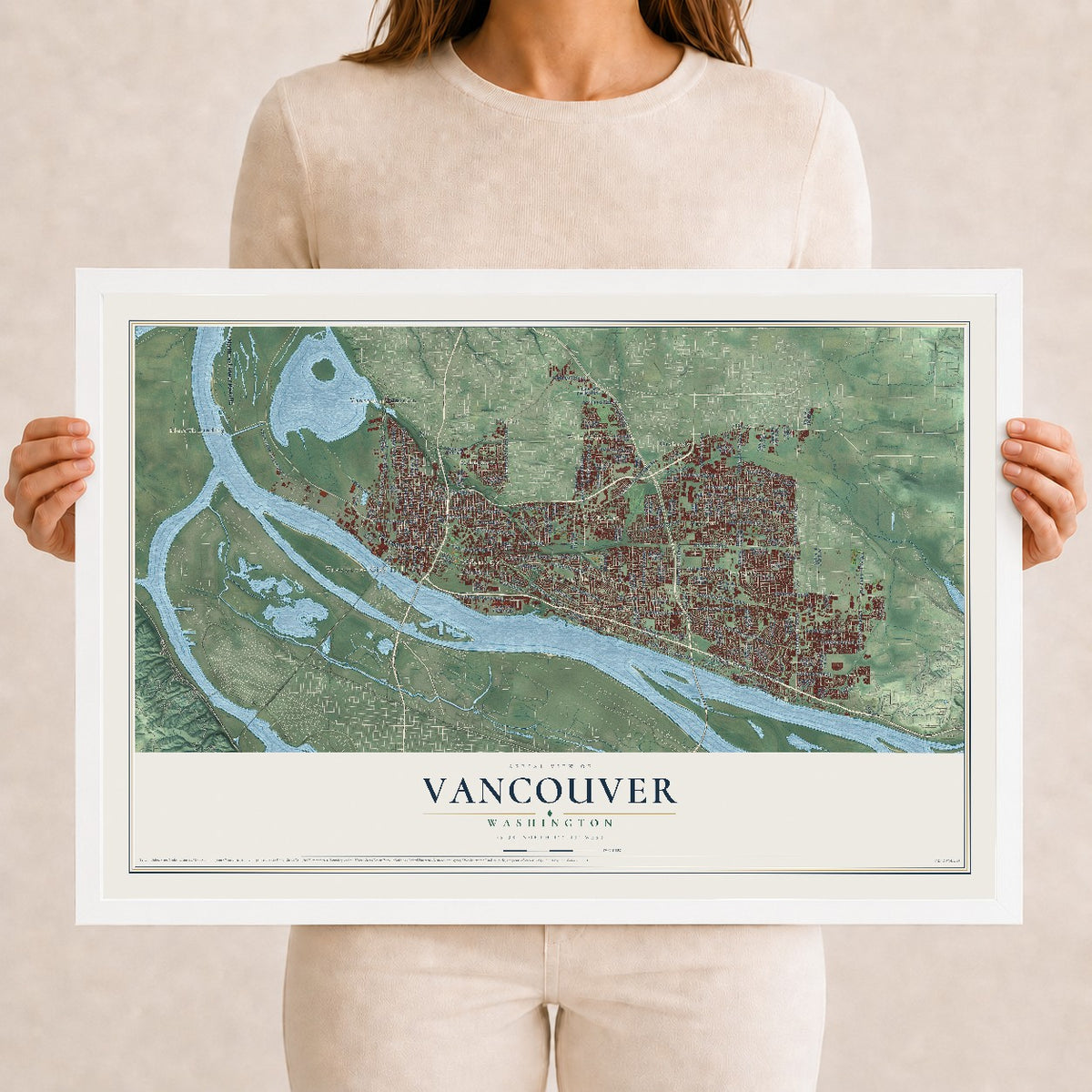 Map of Vancouver, Washington, 12 x 18 inch print in a white wood frame