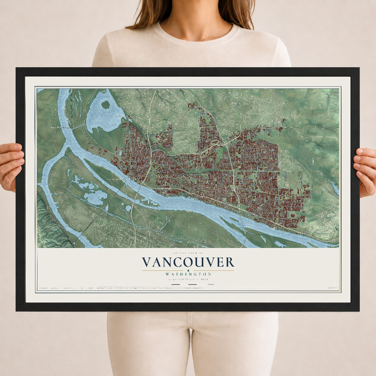Map of Vancouver, Washington, 18 x 24 inch print in a black wood frame