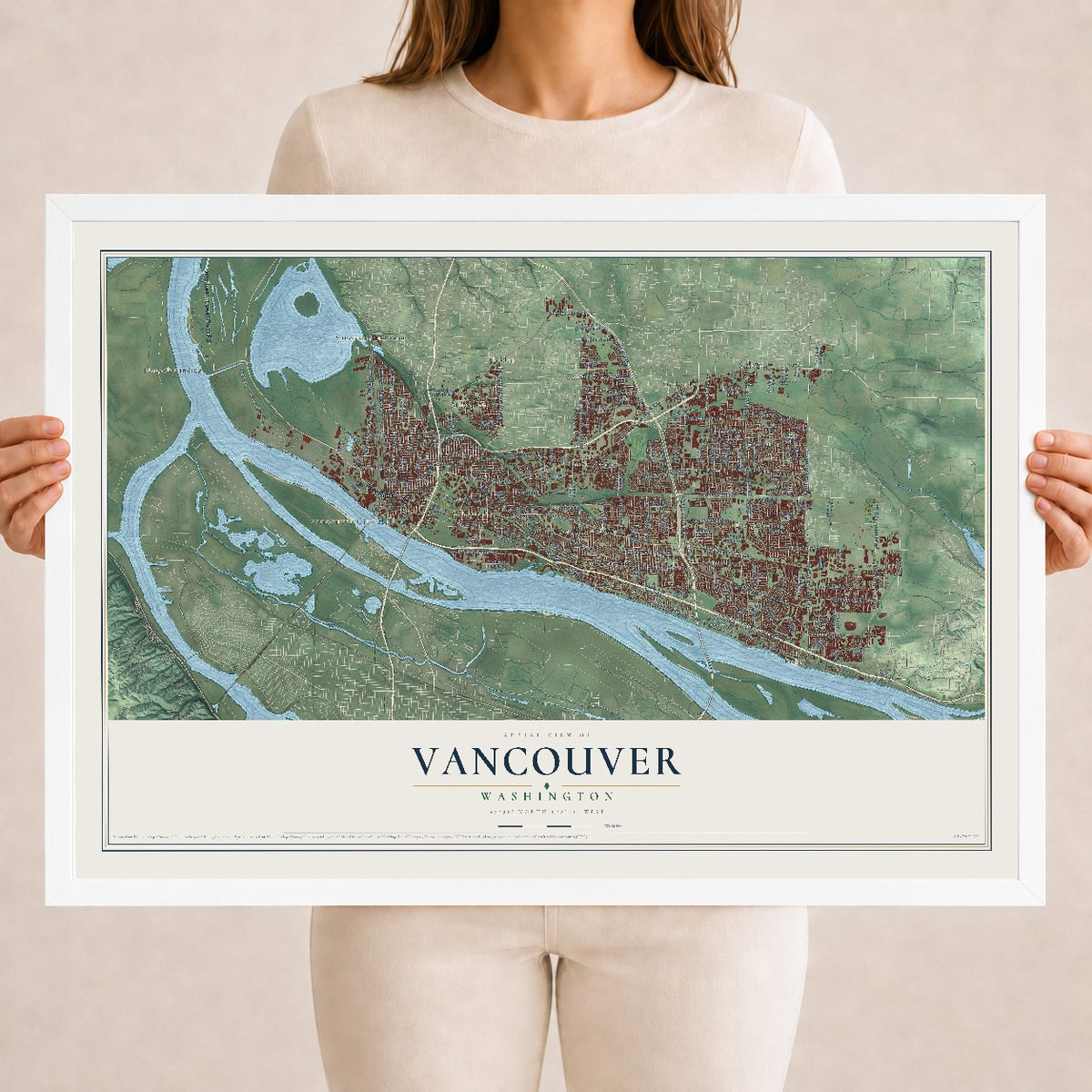 Map of Vancouver, Washington, 18 x 24 inch print in a white wood frame