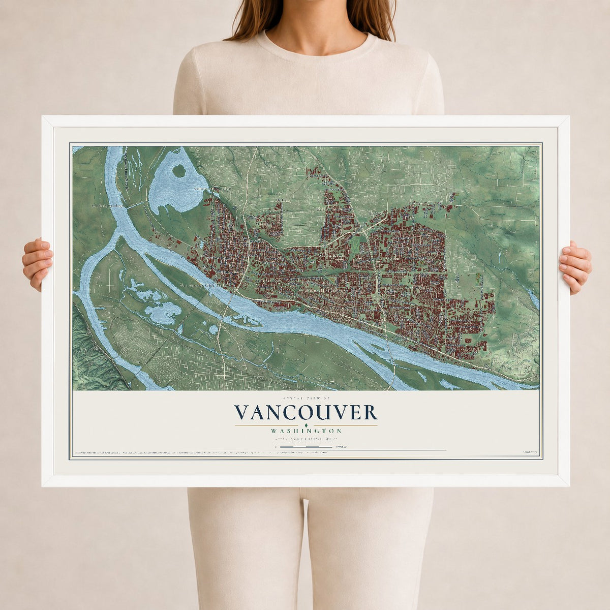 Map of Vancouver, Washington, 24 x 36 inch print in a white wood frame