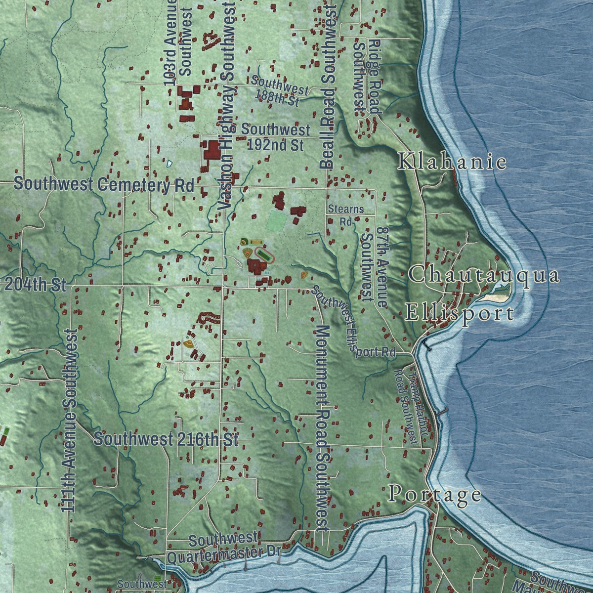 Close-up of the map of Vashon, Washington print showing street and building detail