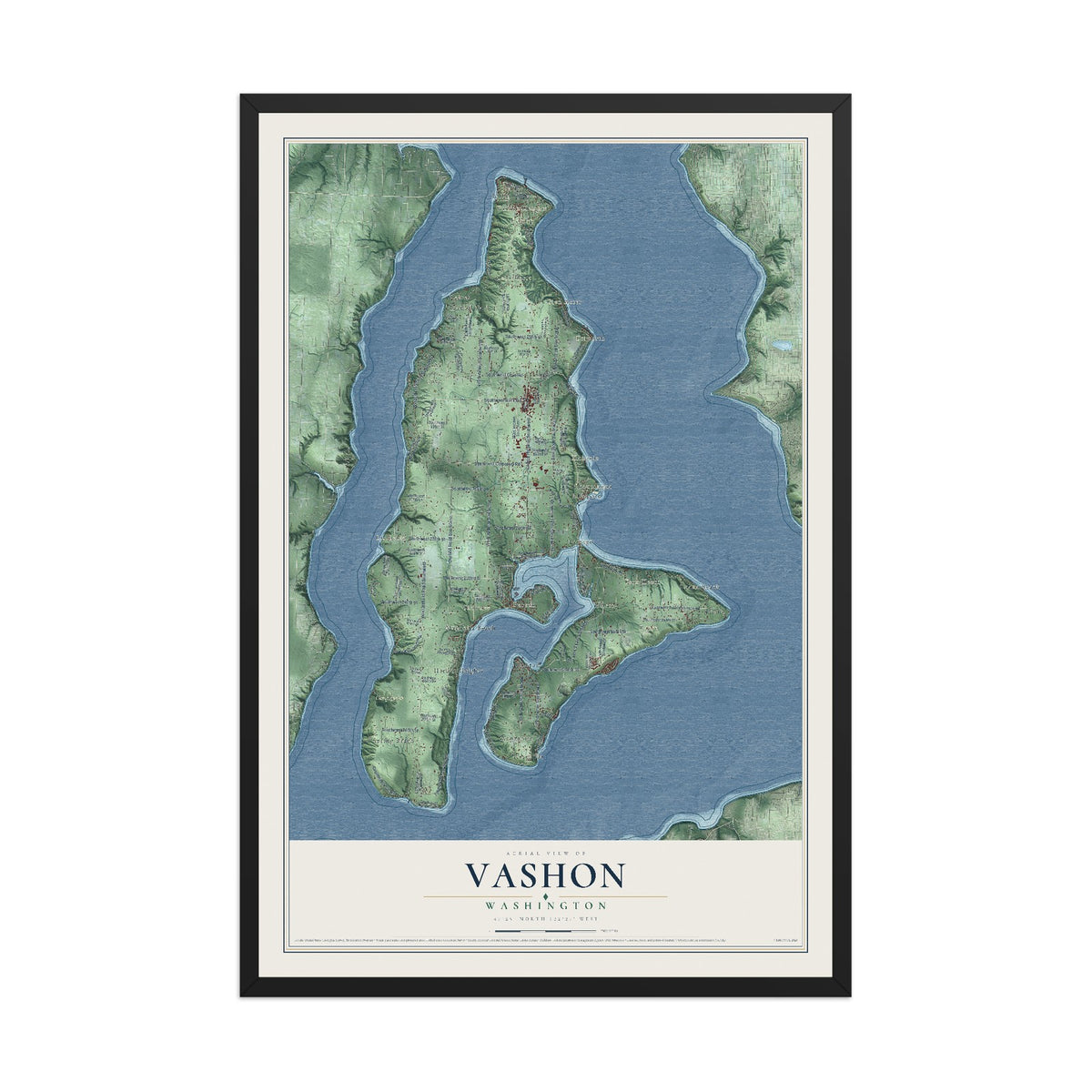 Map of Vashon, Washington, 12 x 18 inch print in a black wood frame