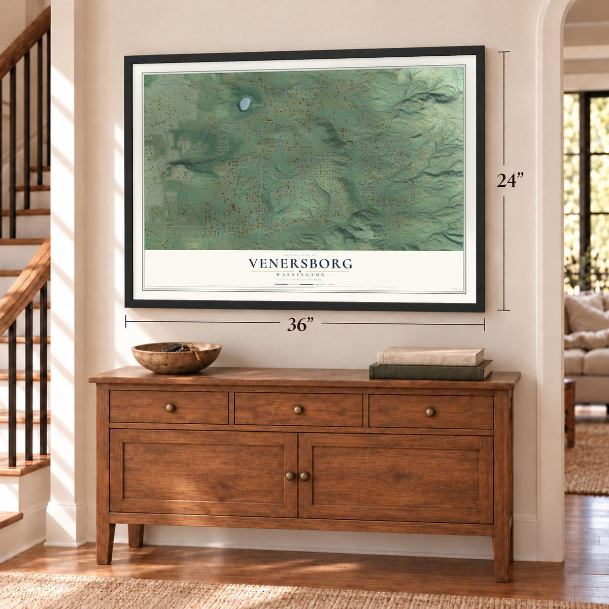 Venersborg, Washington map, 24 x 36 inch print in a black frame above a dresser by a staircase