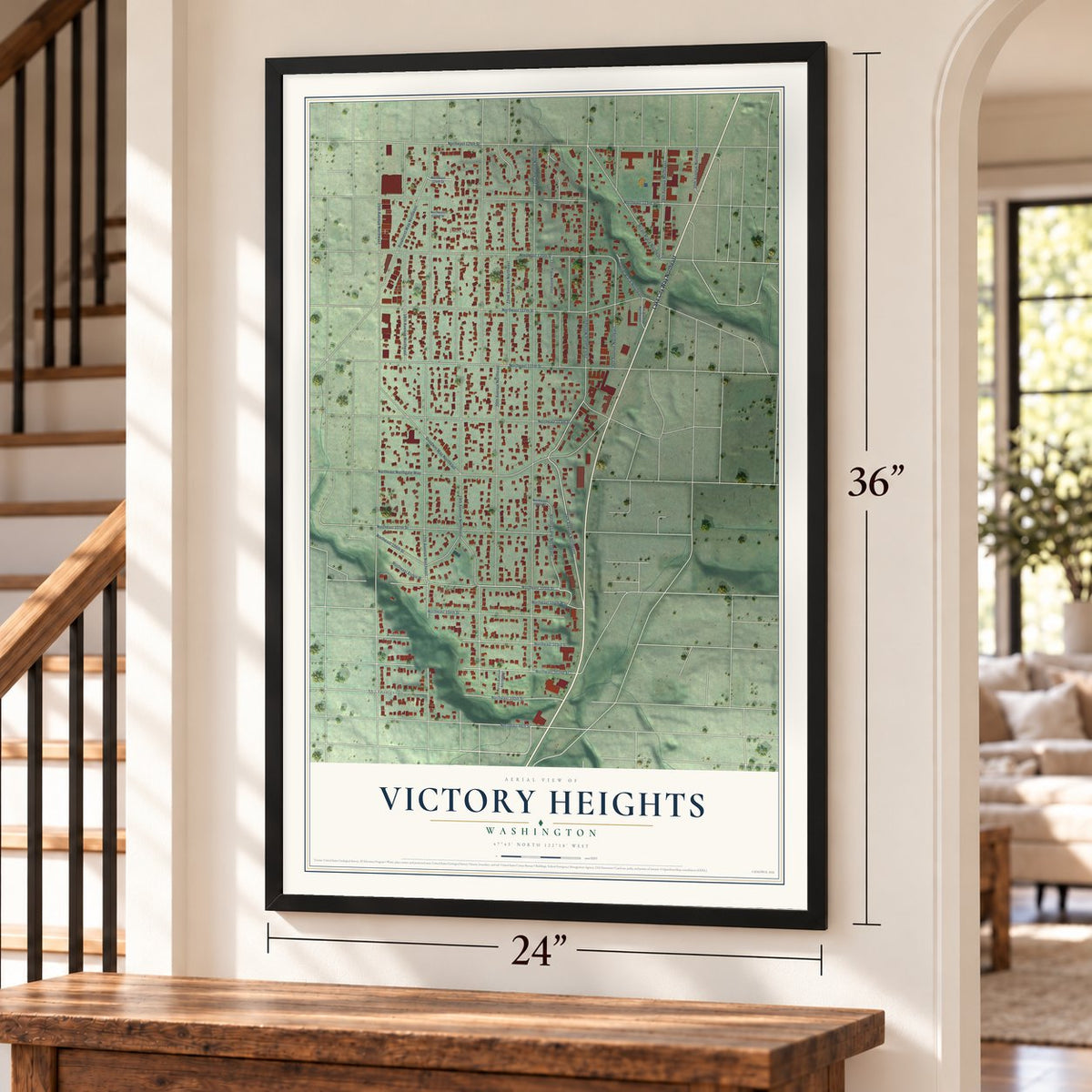 Victory Heights, Washington map, 24 x 36 inch print in a black frame by a staircase