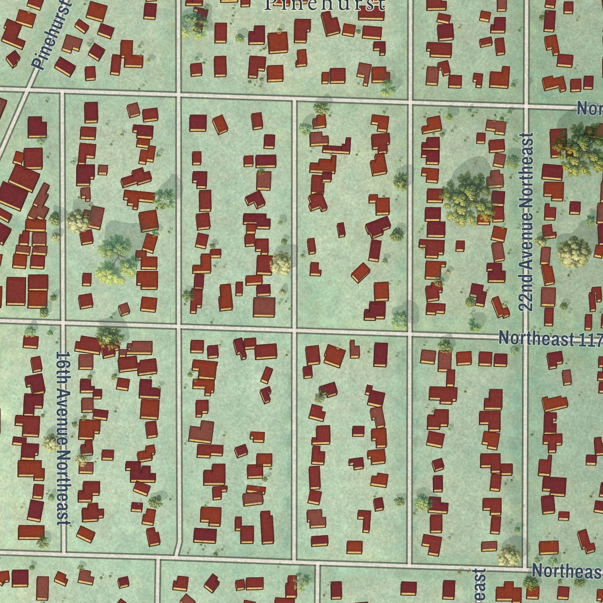 Close-up of the map of Victory Heights, Washington print showing street and building detail