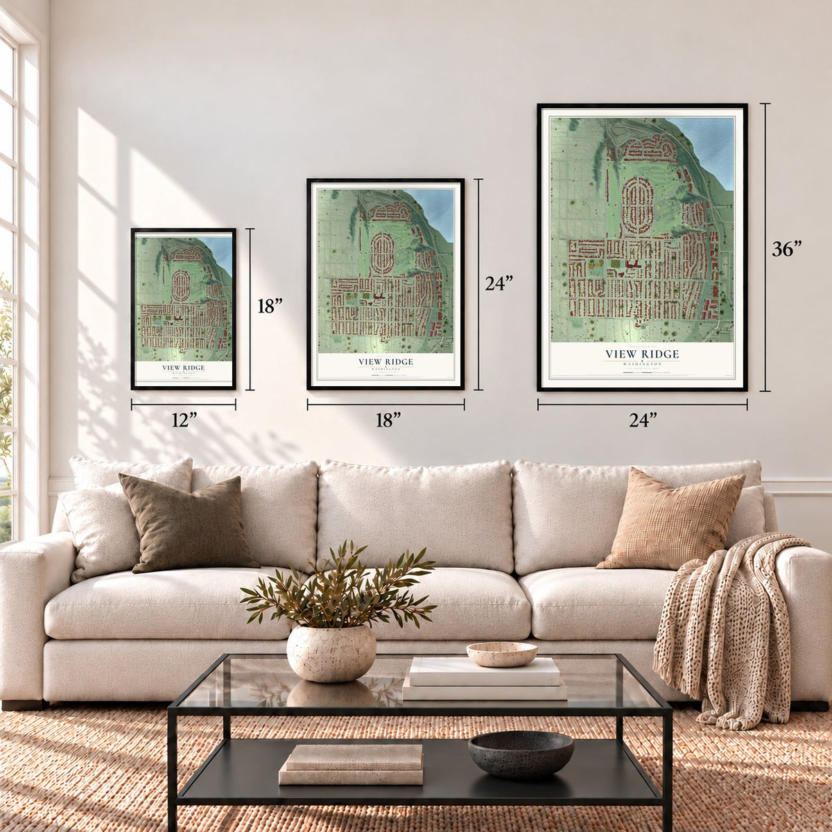 View Ridge, Washington map in 12 x 18, 18 x 24 and 24 x 36 inch sizes above a sofa