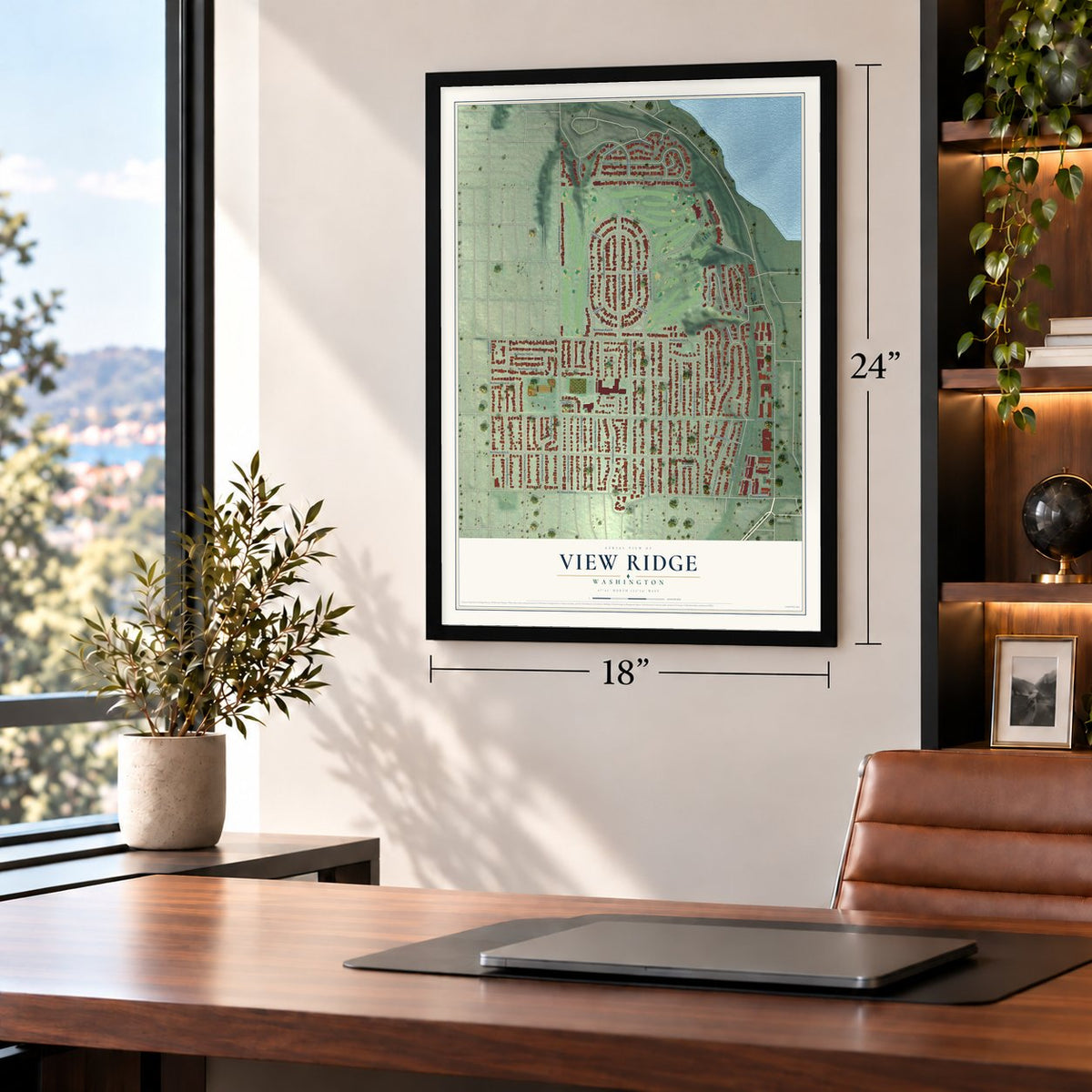 View Ridge, Washington map, 18 x 24 inch print in a black frame in a home office
