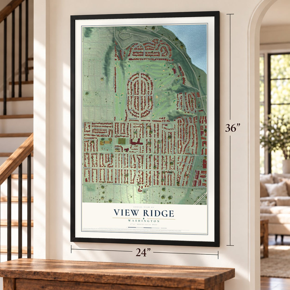View Ridge, Washington map, 24 x 36 inch print in a black frame by a staircase