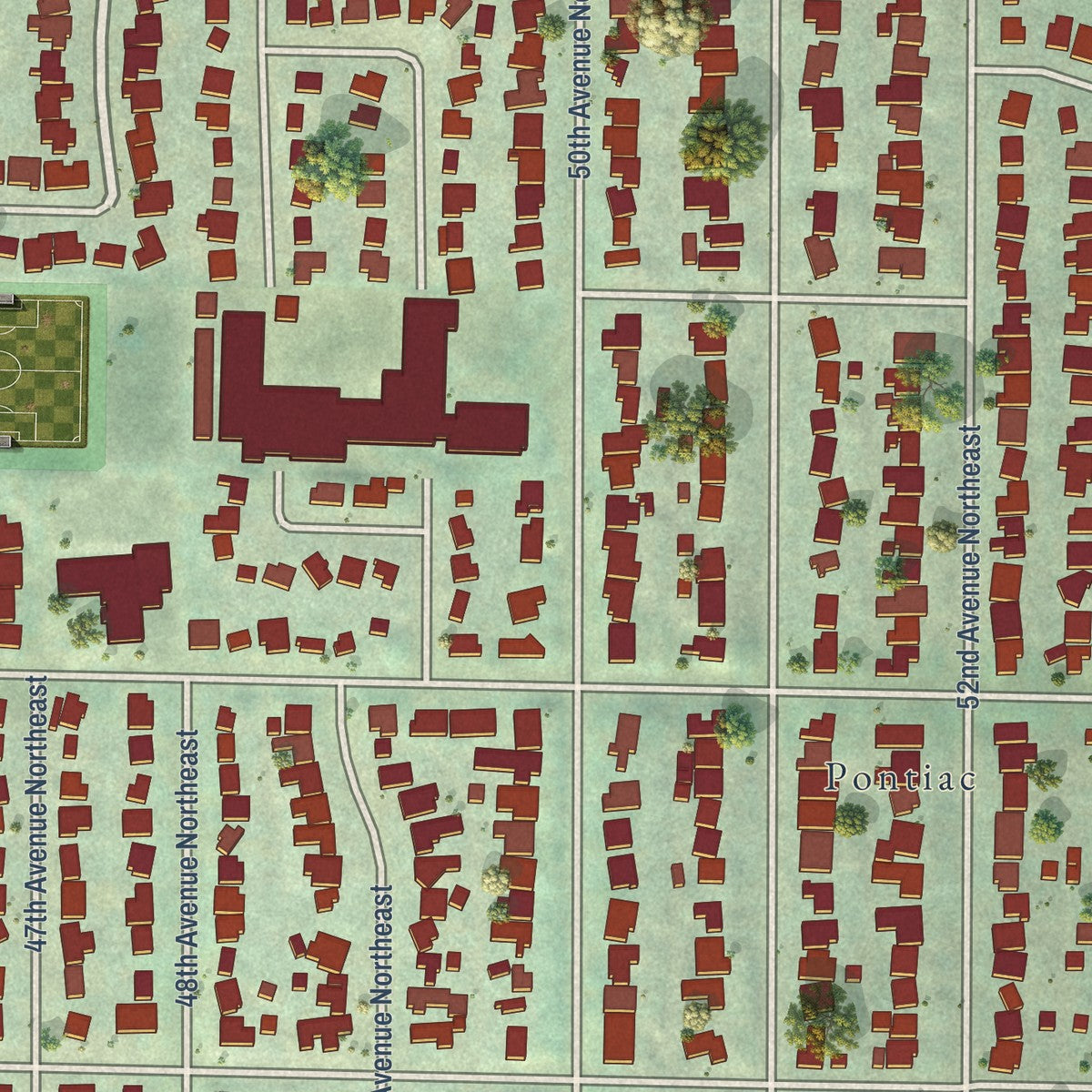 Close-up of the map of View Ridge, Washington print showing street and building detail