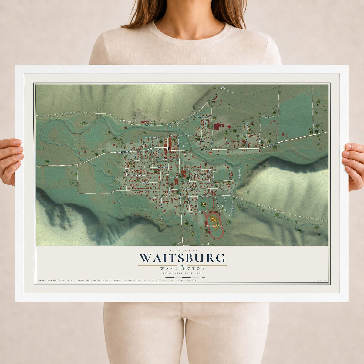 Map of Waitsburg, Washington, 18 x 24 inch print in a white wood frame