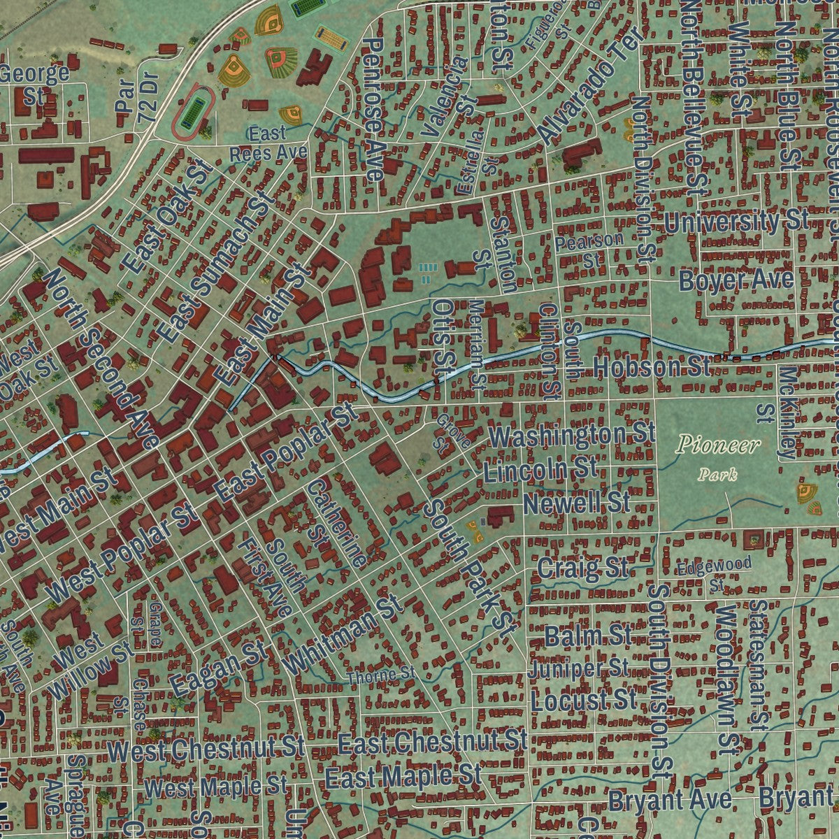 Close-up of the map of Walla Walla, Washington print showing street and building detail