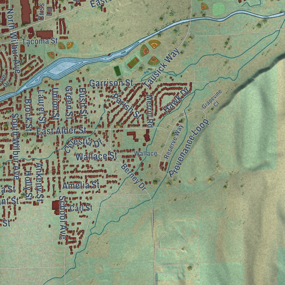 Second close-up of the map of Walla Walla, Washington print showing more streets and buildings