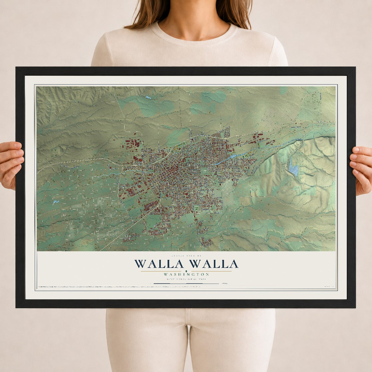 Map of Walla Walla, Washington, 18 x 24 inch print in a black wood frame