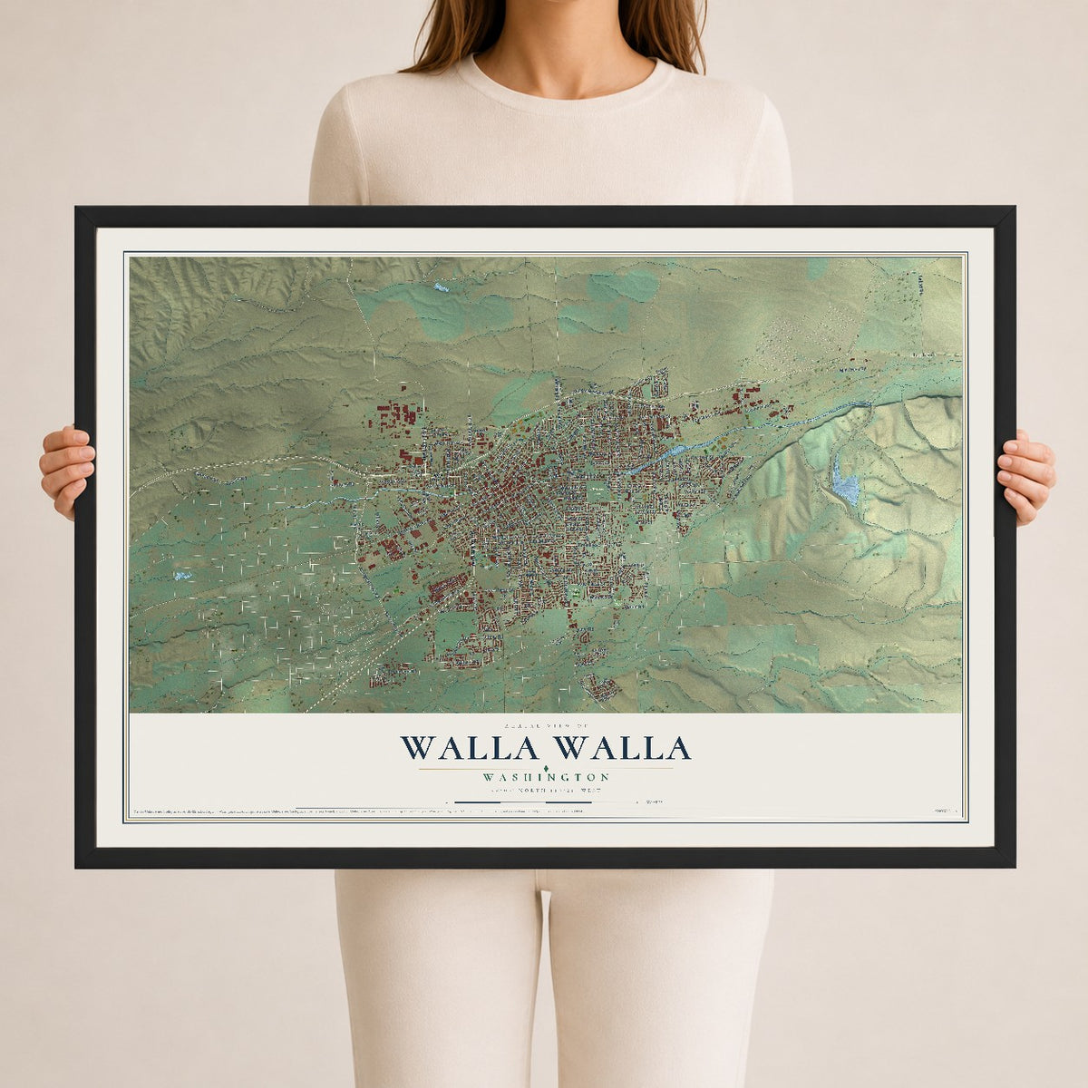 Map of Walla Walla, Washington, 24 x 36 inch print in a black wood frame
