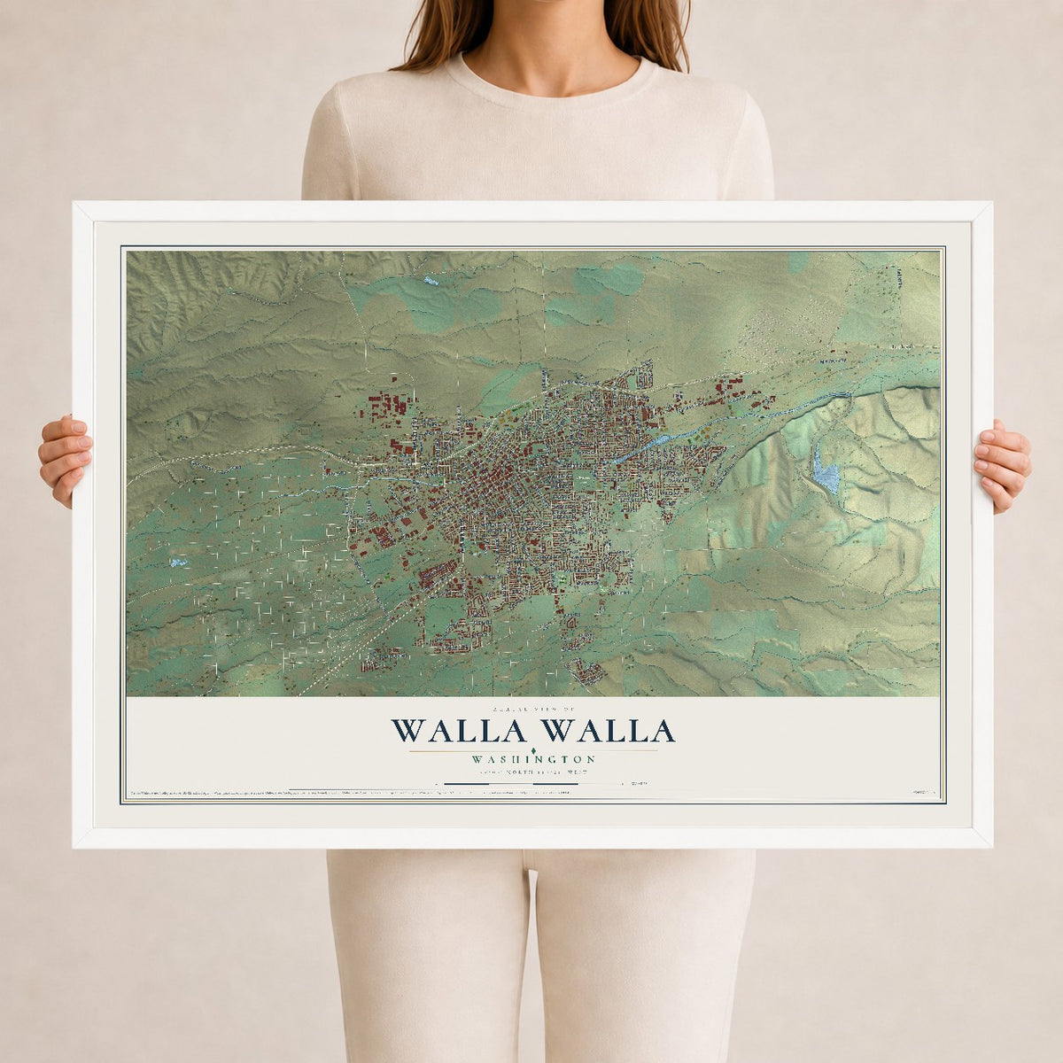 Map of Walla Walla, Washington, 24 x 36 inch print in a white wood frame