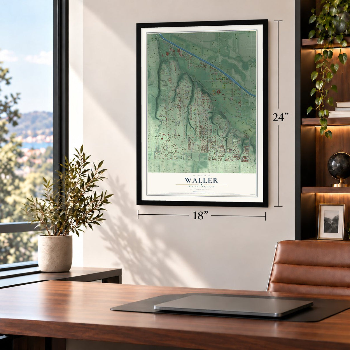 Waller, Washington map, 18 x 24 inch print in a black frame in a home office