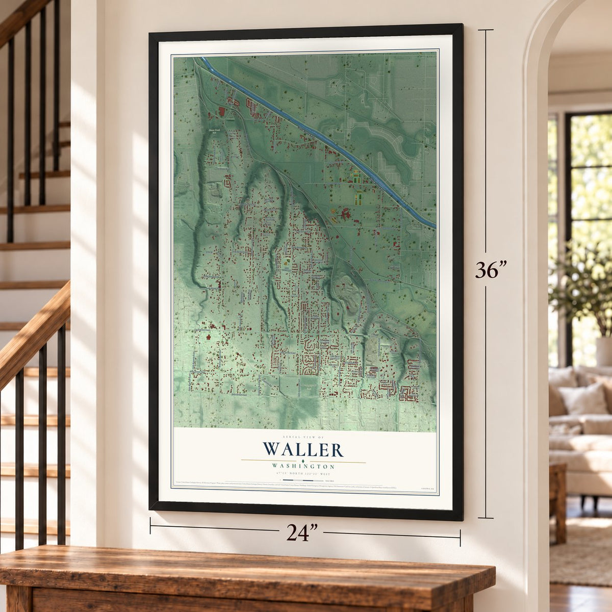 Waller, Washington map, 24 x 36 inch print in a black frame by a staircase