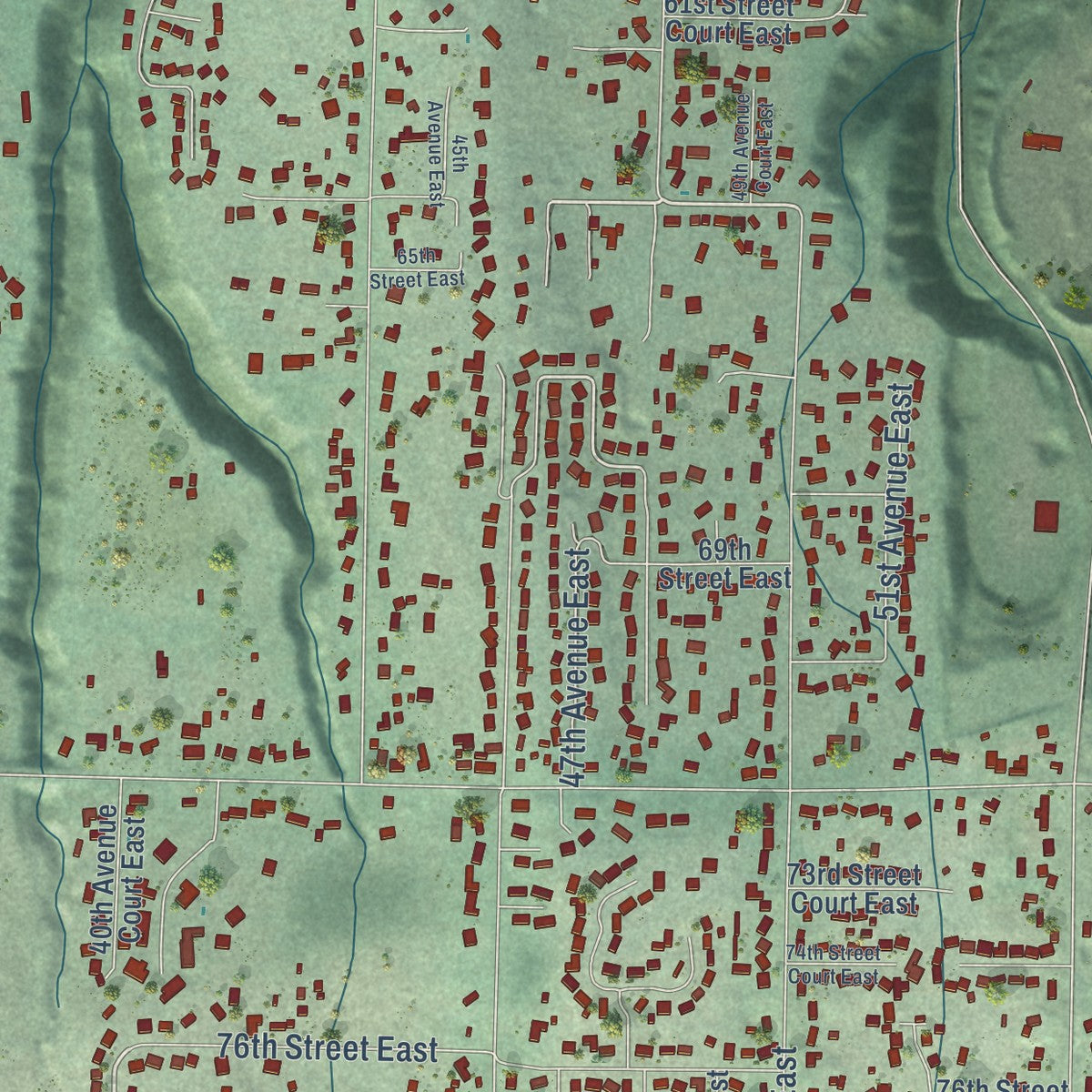 Close-up of the map of Waller, Washington print showing street and building detail