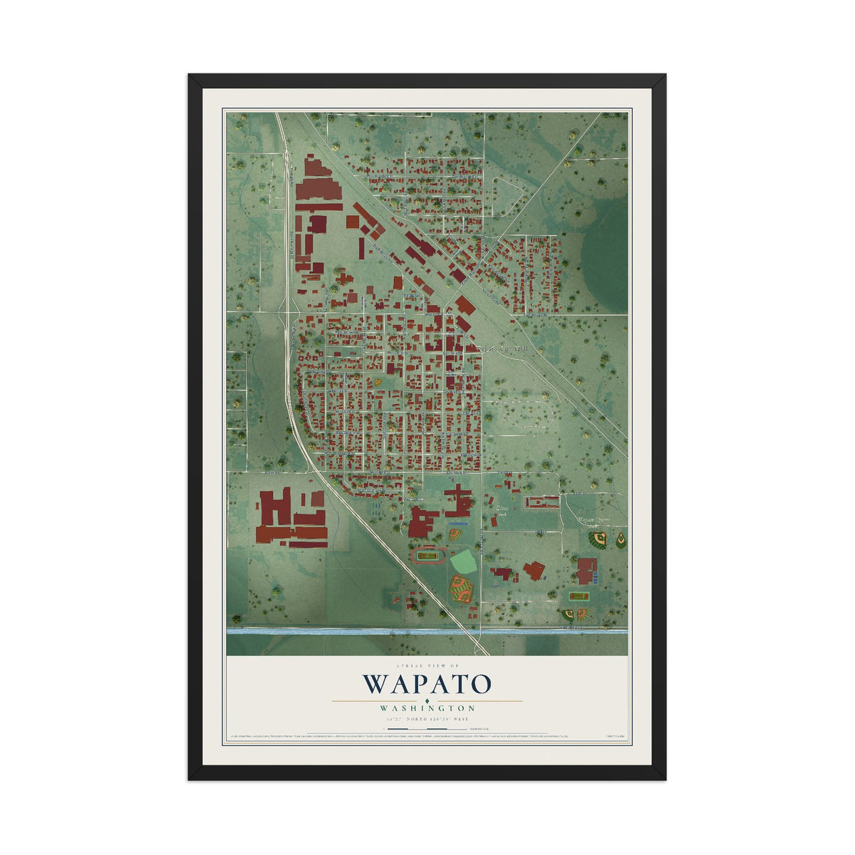 Map of Wapato, Washington, 12 x 18 inch print in a black wood frame
