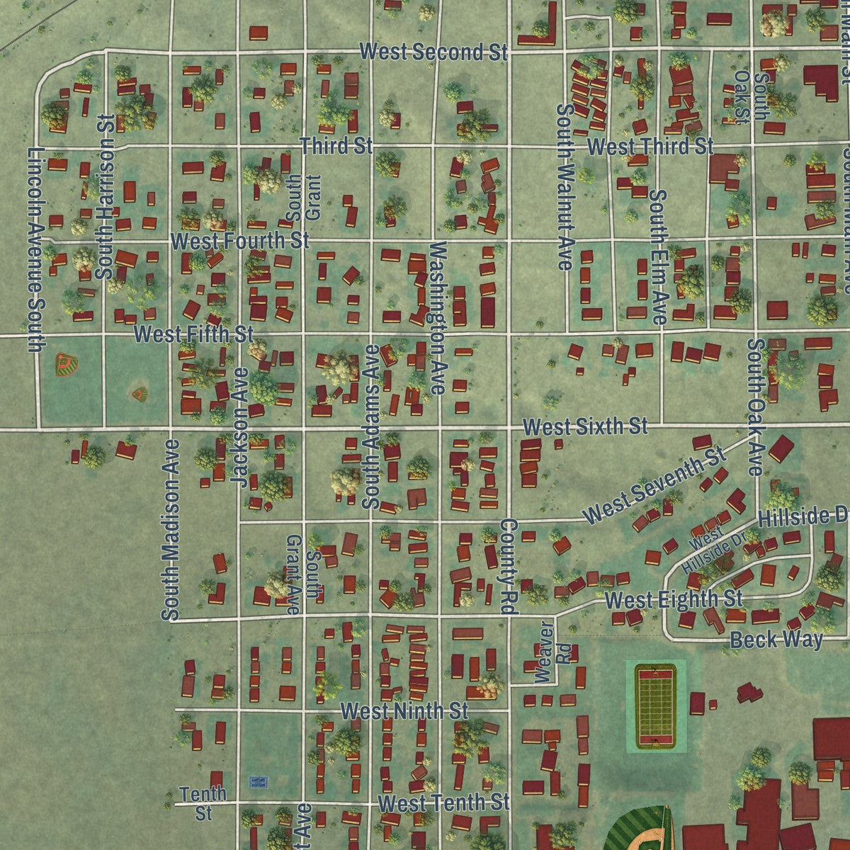 Close-up of the map of Warden, Washington print showing street and building detail