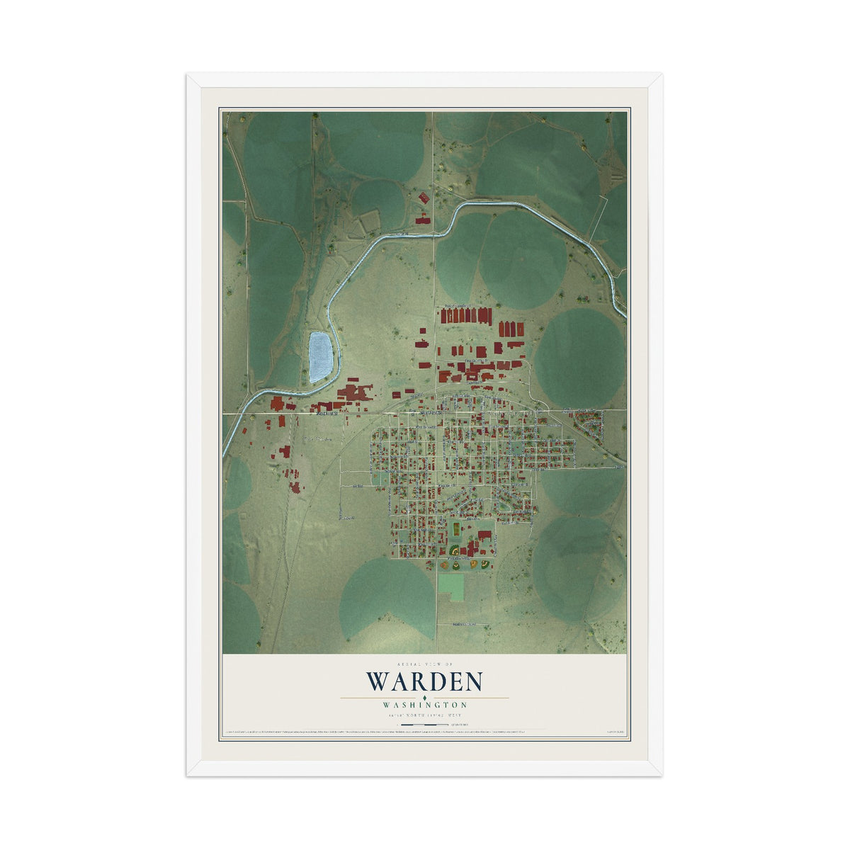Map of Warden, Washington, 12 x 18 inch print in a white wood frame