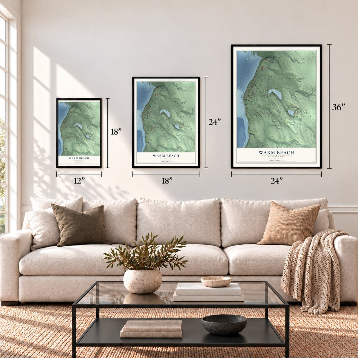 Warm Beach, Washington map in 12 x 18, 18 x 24 and 24 x 36 inch sizes above a sofa