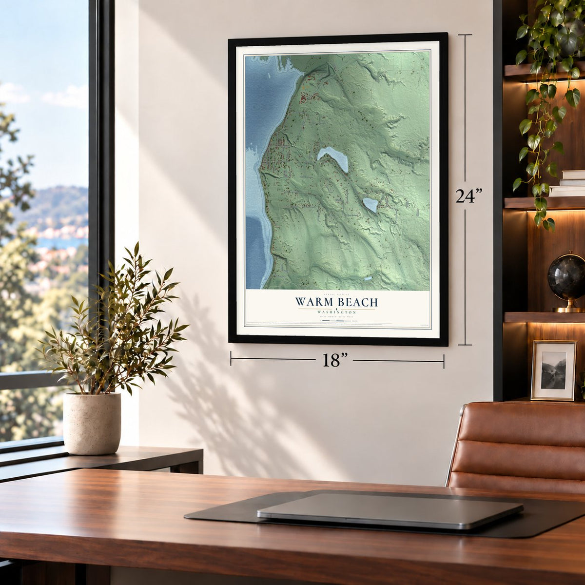 Warm Beach, Washington map, 18 x 24 inch print in a black frame in a home office