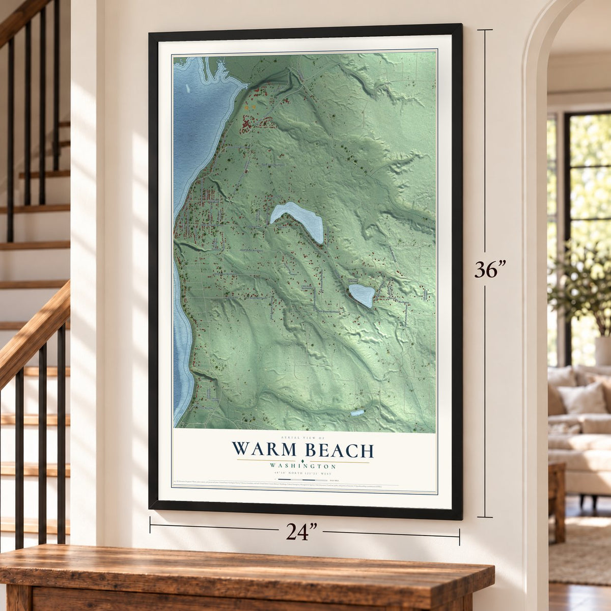 Warm Beach, Washington map, 24 x 36 inch print in a black frame by a staircase