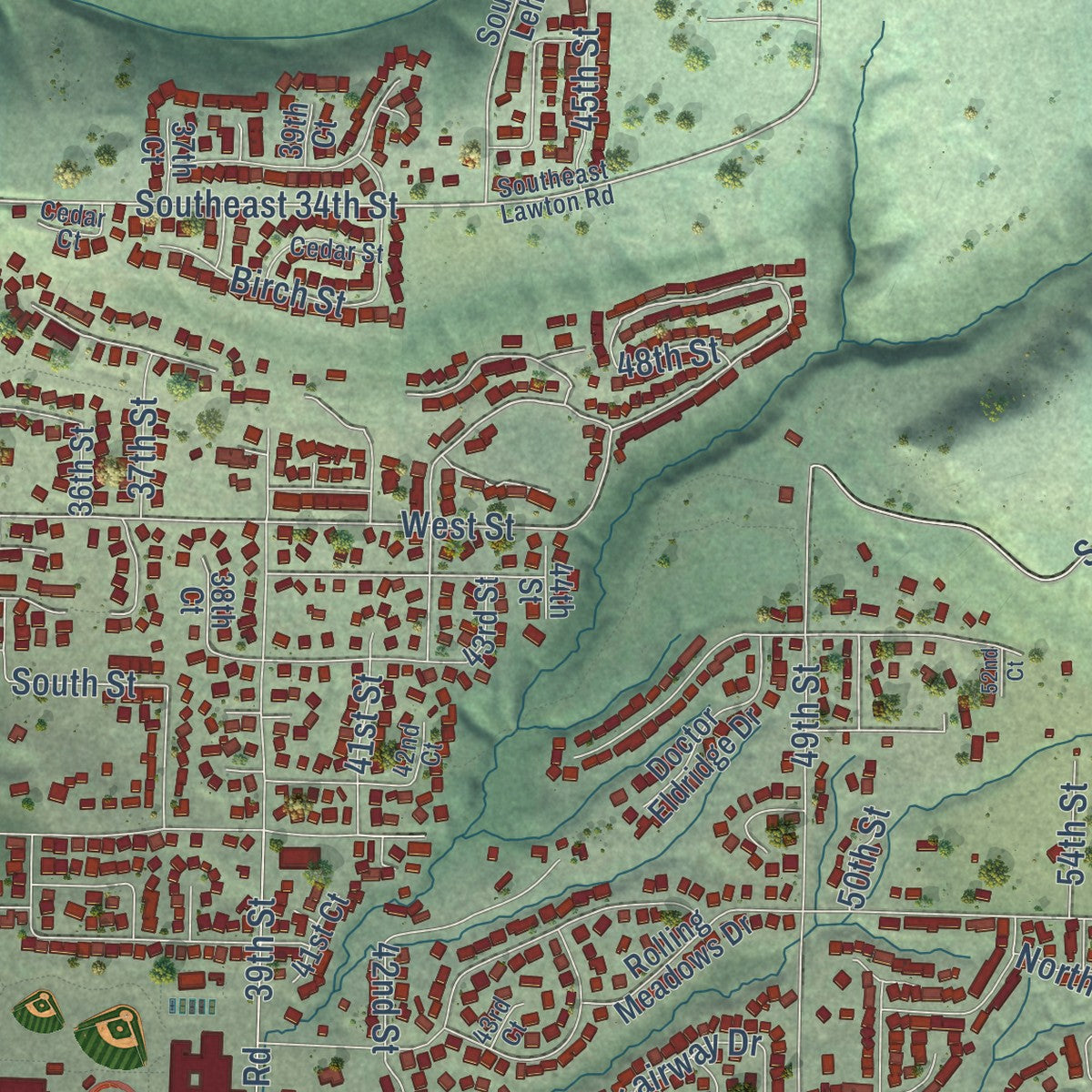 Close-up of the map of Washougal, Washington print showing street and building detail