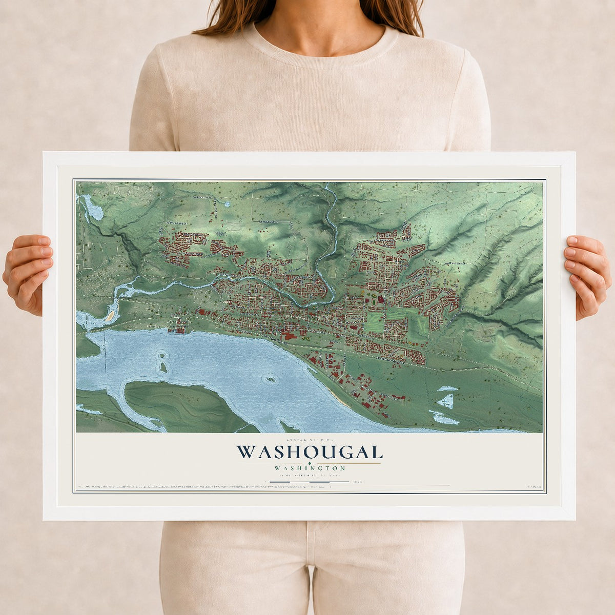 Map of Washougal, Washington, 12 x 18 inch print in a white wood frame
