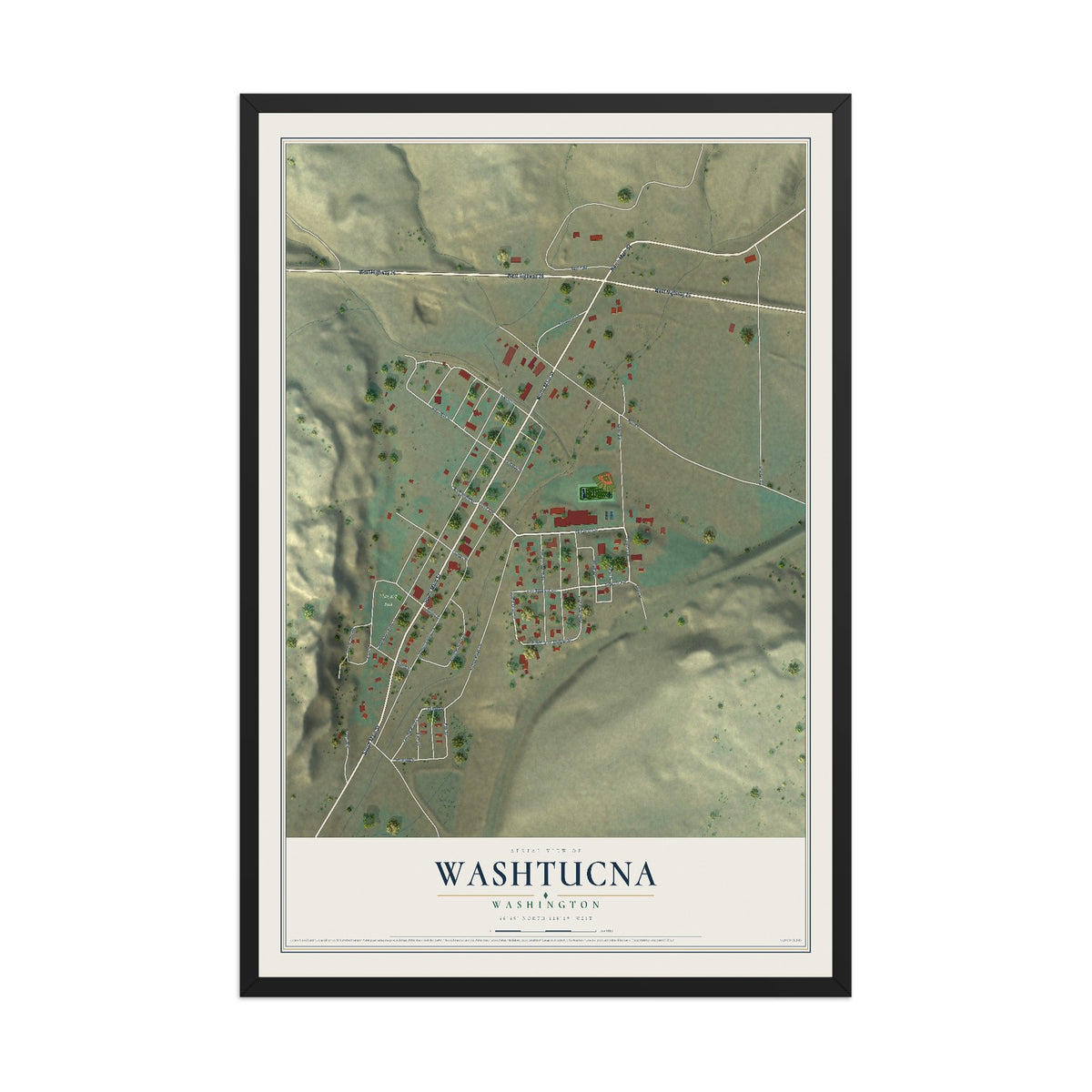Map of Washtucna, Washington, 12 x 18 inch print in a black wood frame