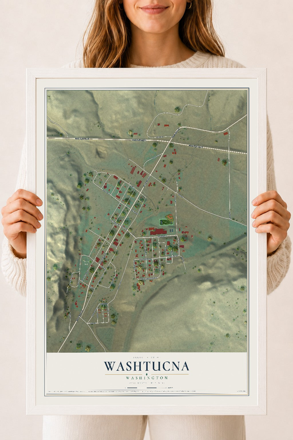 Map of Washtucna, Washington, 18 x 24 inch print in a white wood frame