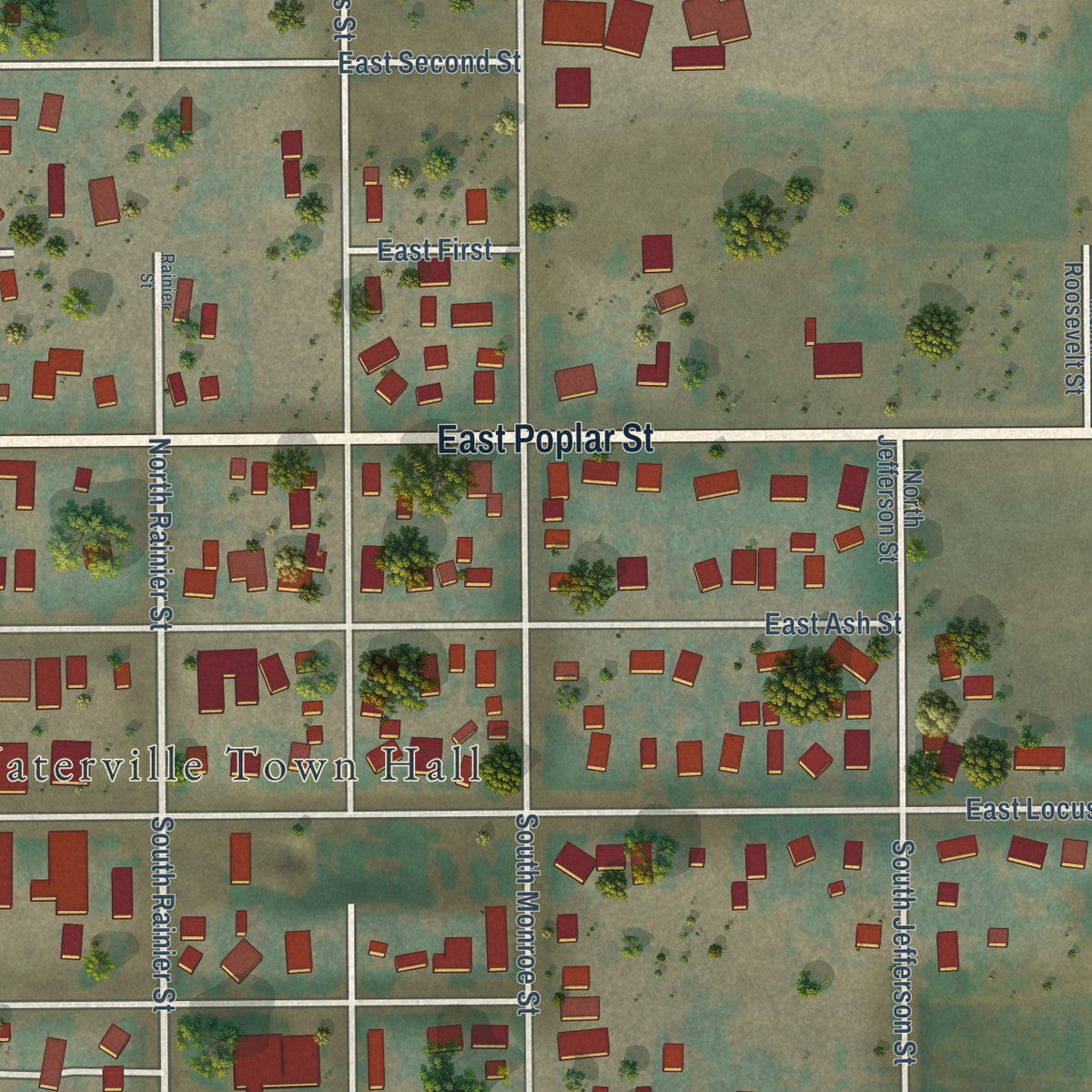 Second close-up of the map of Waterville, Washington print showing more streets and buildings
