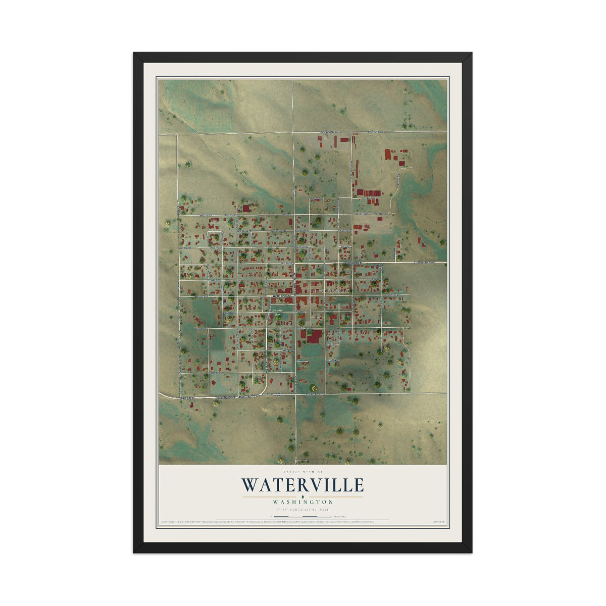 Map of Waterville, Washington, 12 x 18 inch print in a black wood frame