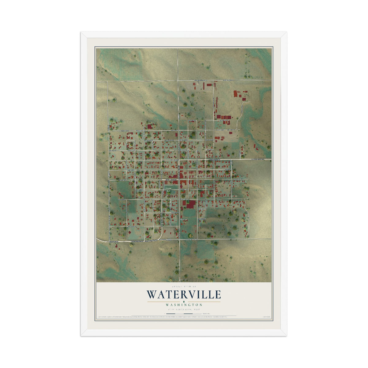 Map of Waterville, Washington, 12 x 18 inch print in a white wood frame