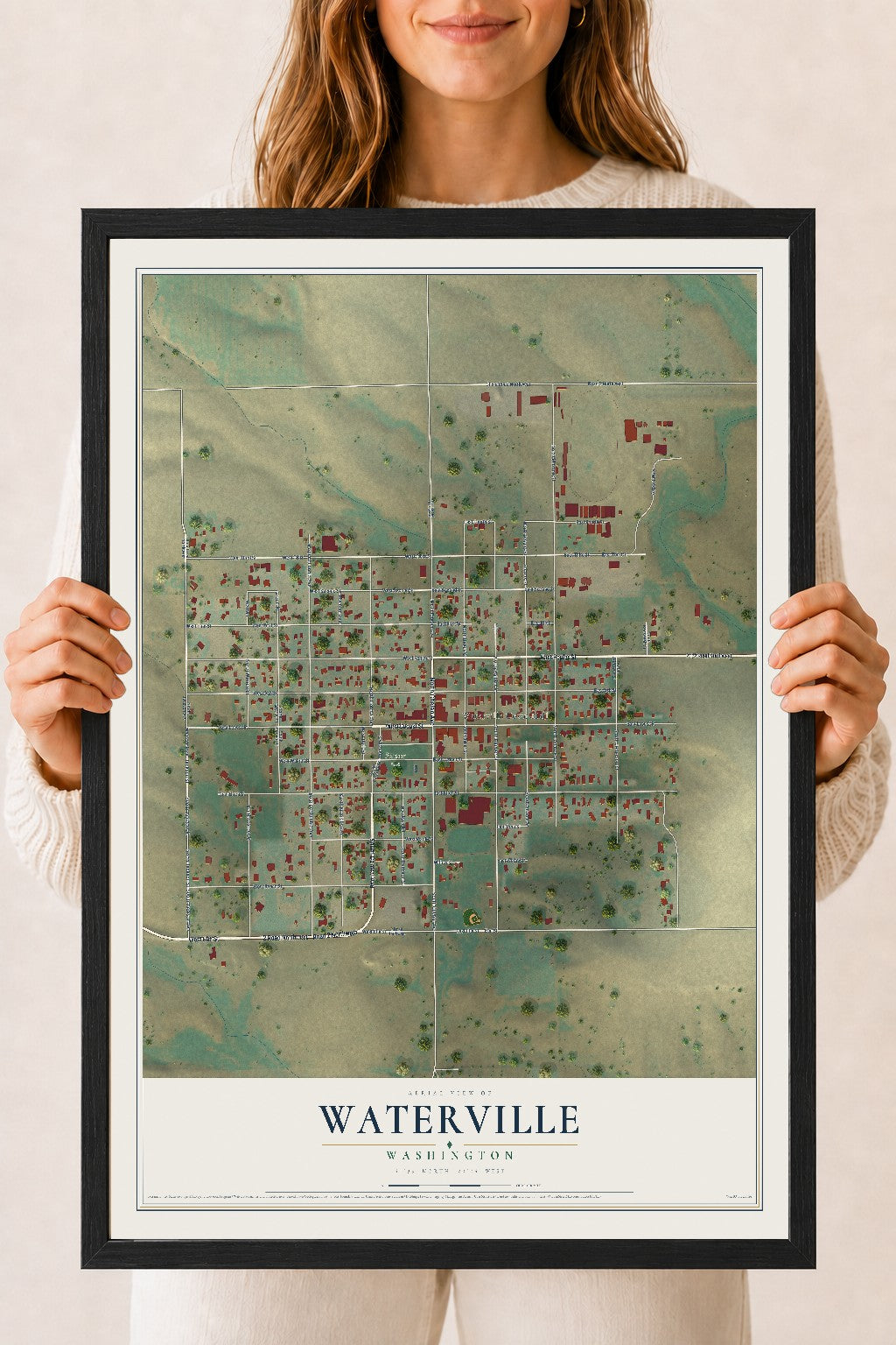 Map of Waterville, Washington, 18 x 24 inch print in a black wood frame